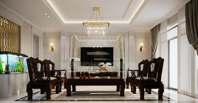 Đá tự nhiên ốp tường tạo điểm nhấn sang trọng độc đáo cho phòng khách cao cấp. Thiết kế phòng khách biệt thự